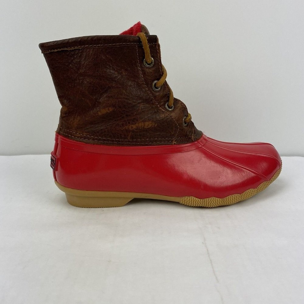 Sperry Top-Sider Saltwater Rain Boots Leather Rubber Women's Size 6.5 Red Brown